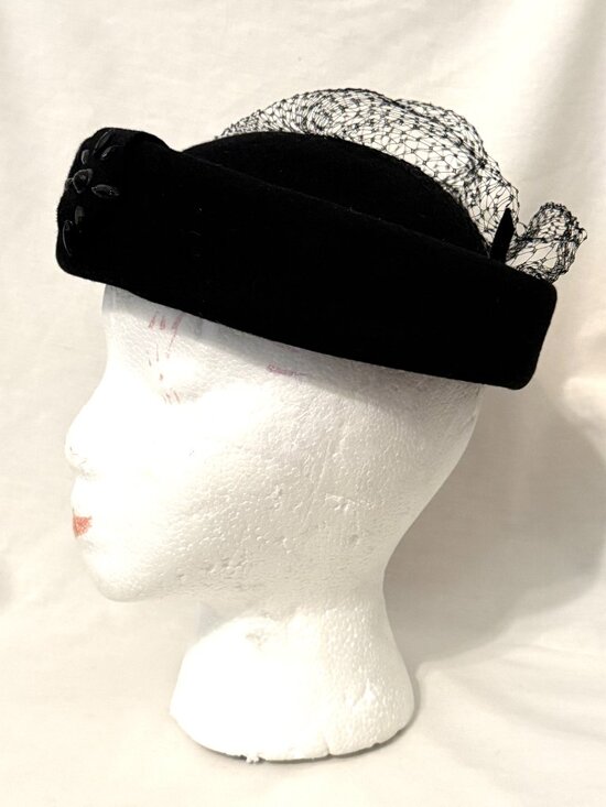 Vintage Ladies 1950s Black Hat Ritz Henry Pollak 100% Wool Beaded Veiling Retro main image 6